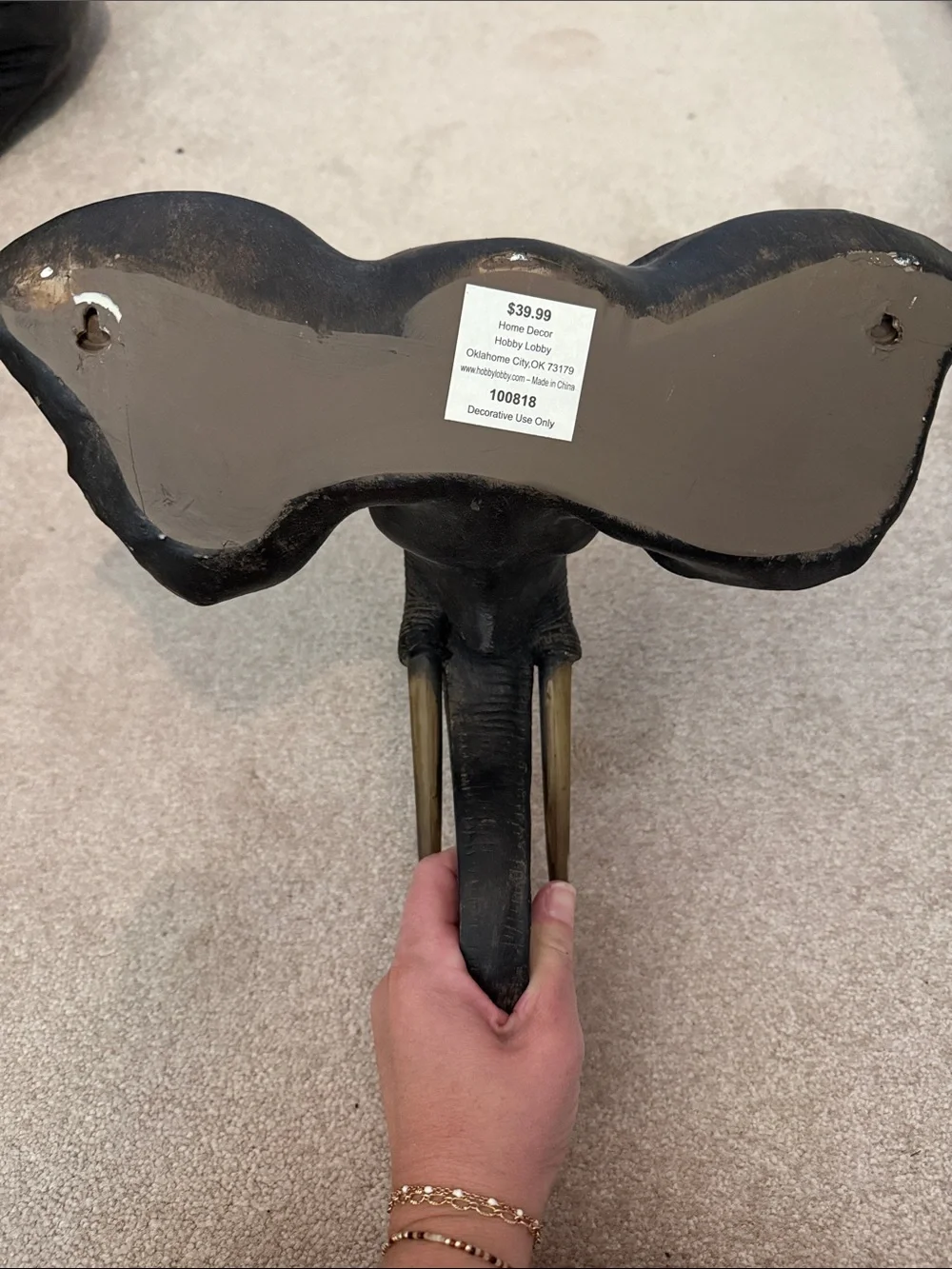 Hobby Lobby Black Elephant Head Wall Hook with Gold Tusks